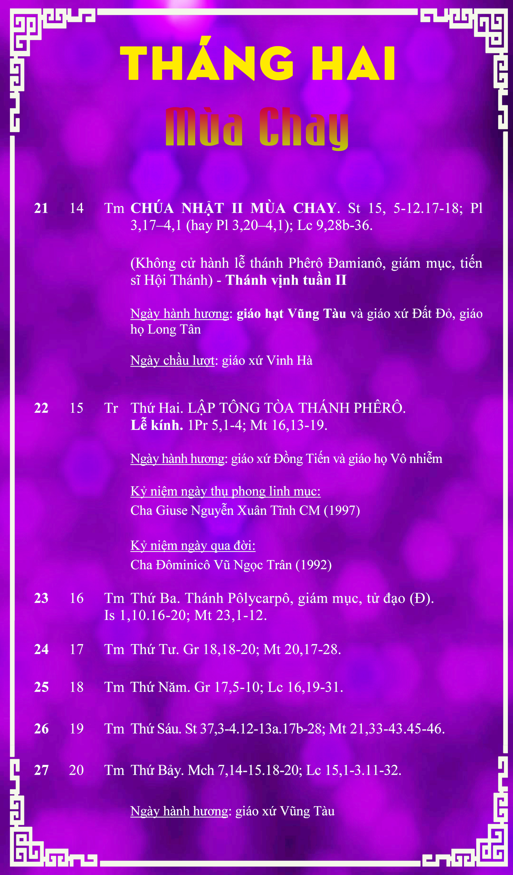 LỊCH PHỤNG VỤ từ ngày 21.02 - 27.02.2016