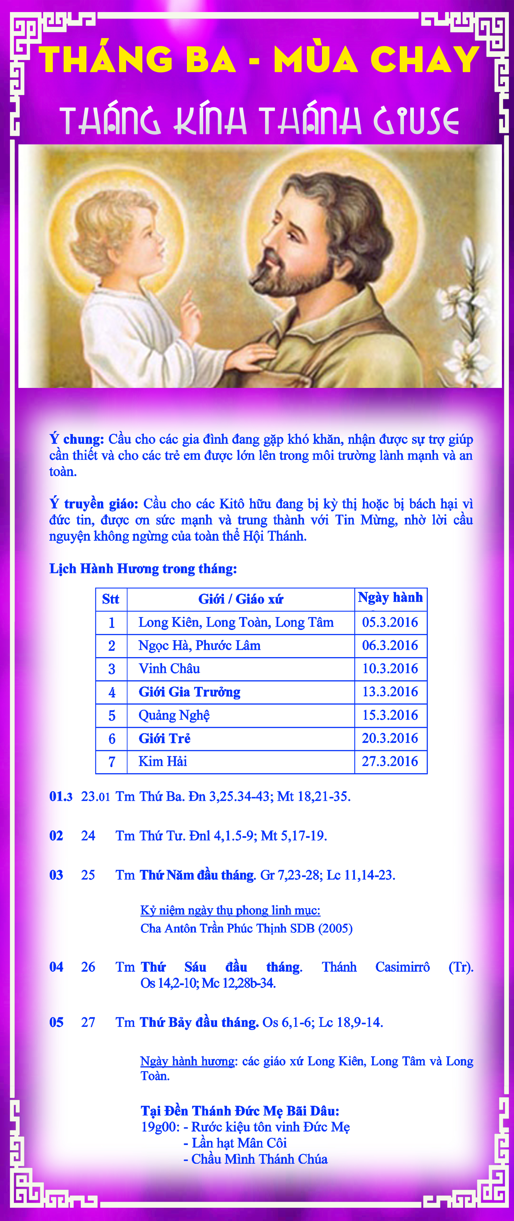 LỊCH PHỤNG VỤ từ ngày 01.03 – 05.03.2016