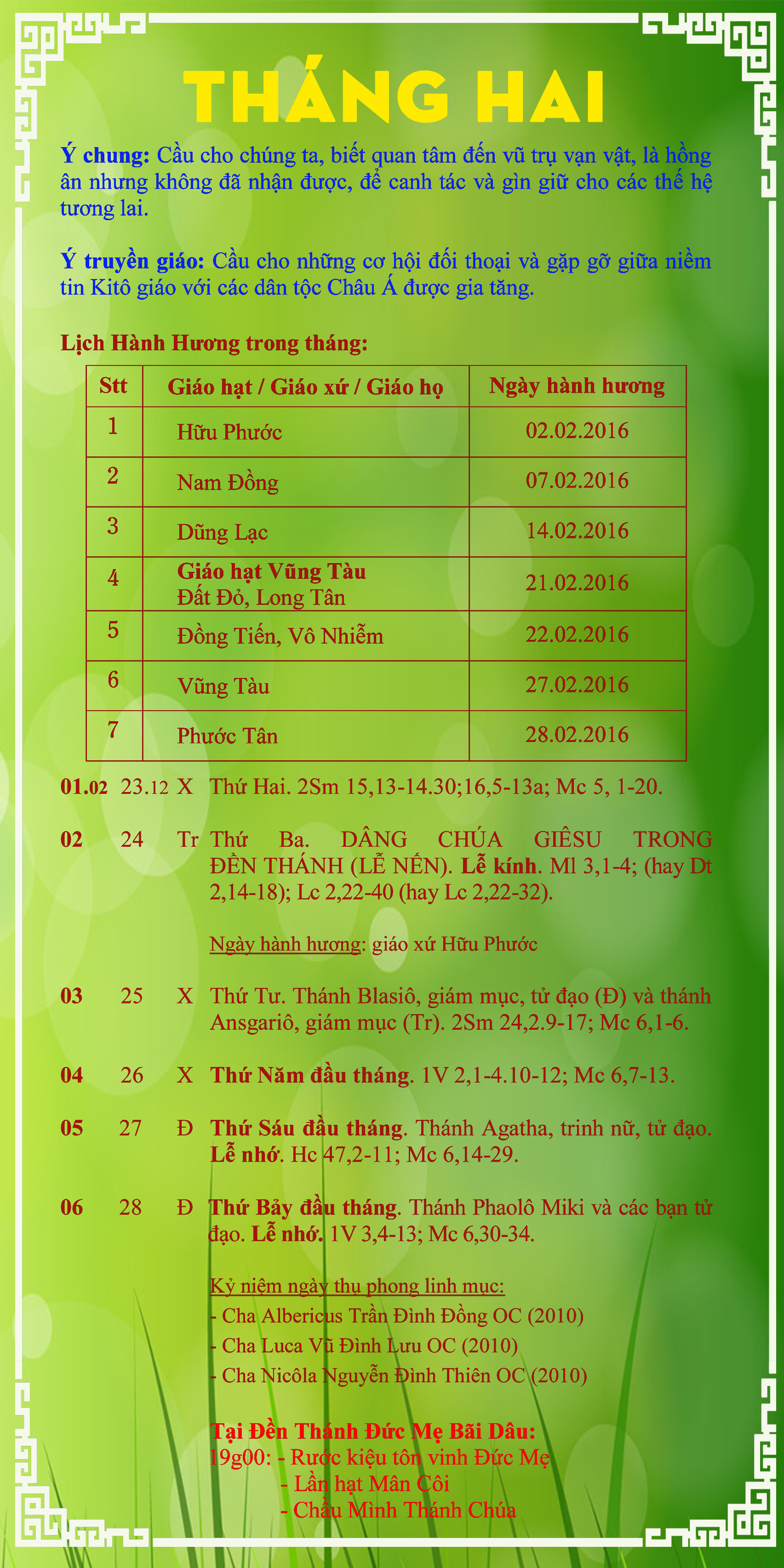 LỊCH PHỤNG VỤ từ ngày 01.02 đến ngày 06.02.2016
