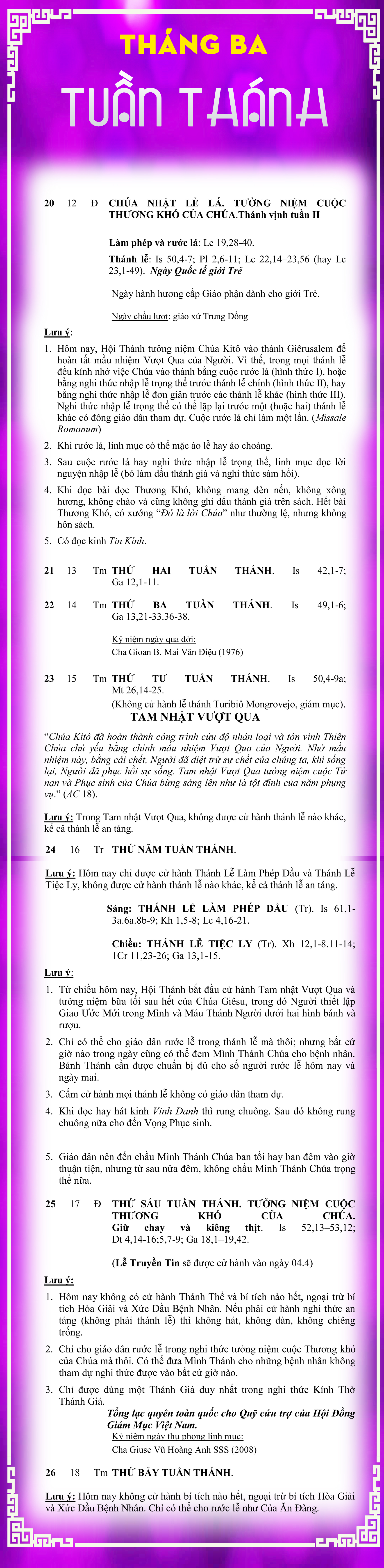 Lịch Phụng Vụ từ ngày 20.3 – 26.3.2016