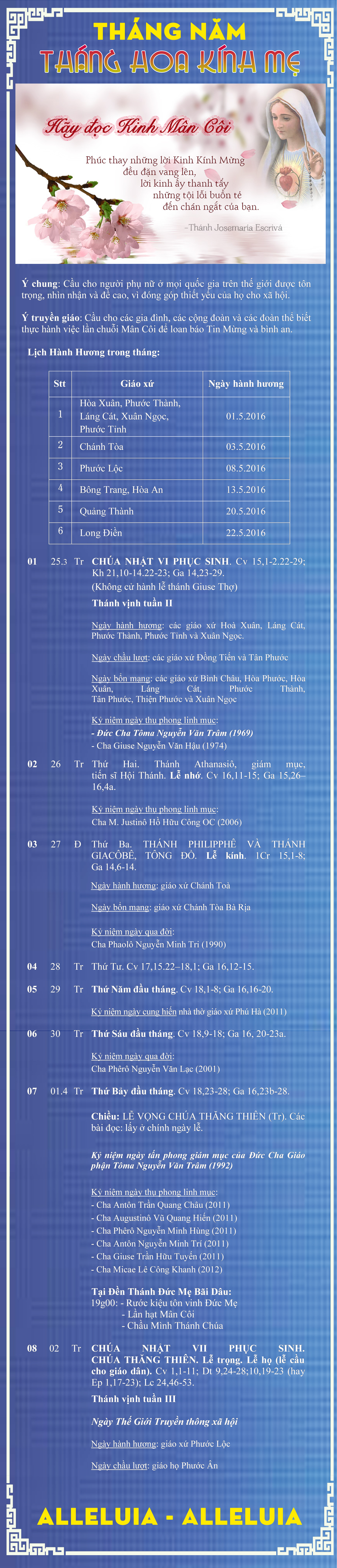 Lịch Phụng Vụ từ ngày 01.5 – 08.5.2016