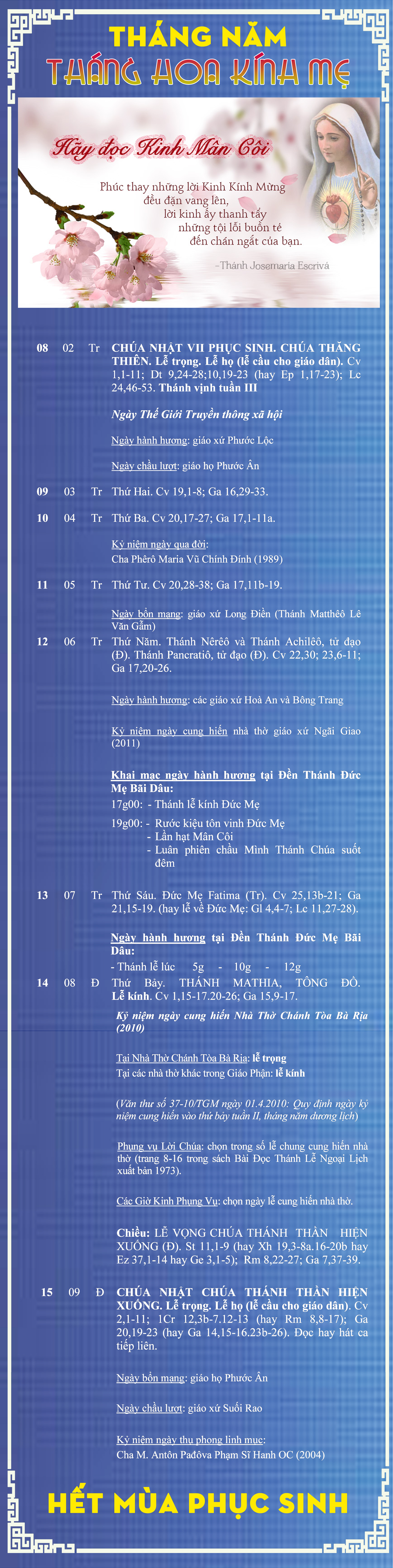 Lịch Phụng Vụ từ ngày 08.5 - 15.5.2016