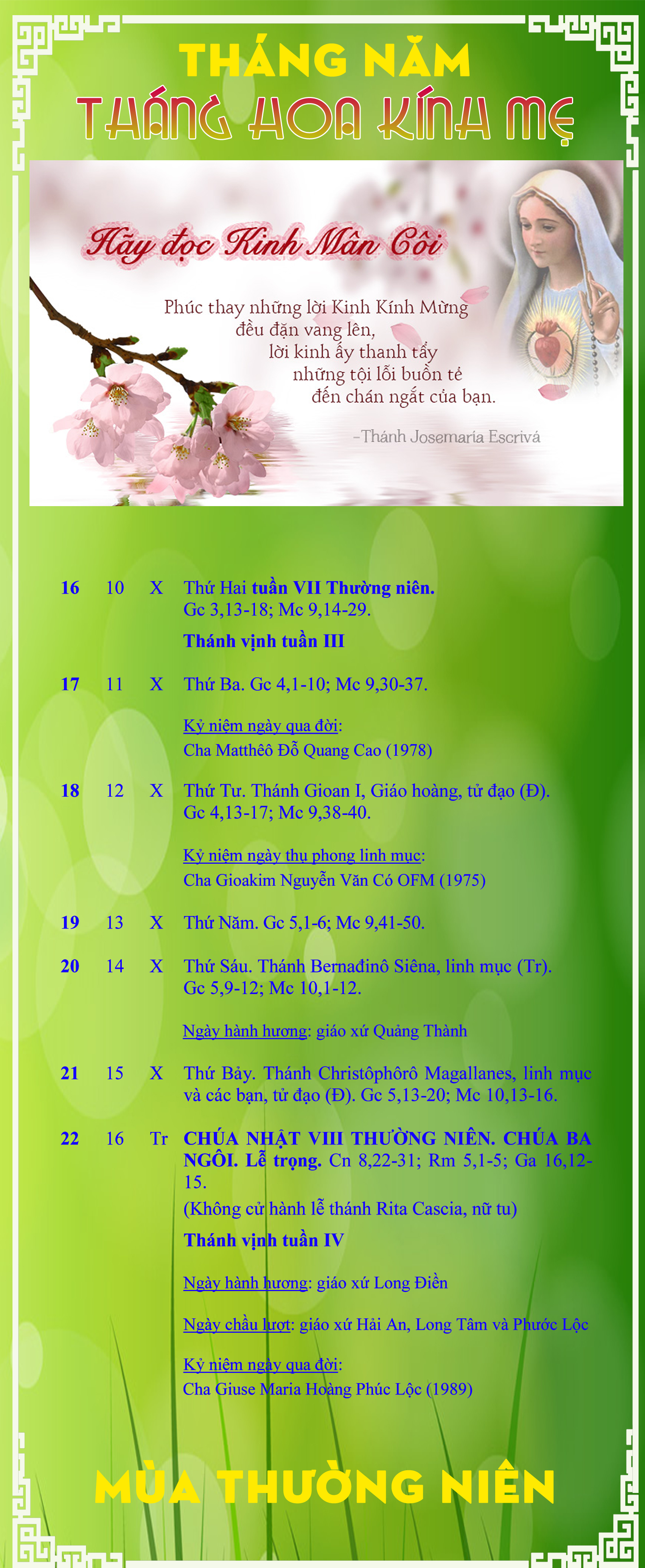 Lịch Phụng Vụ từ ngày 15.5 - 22.5.2016