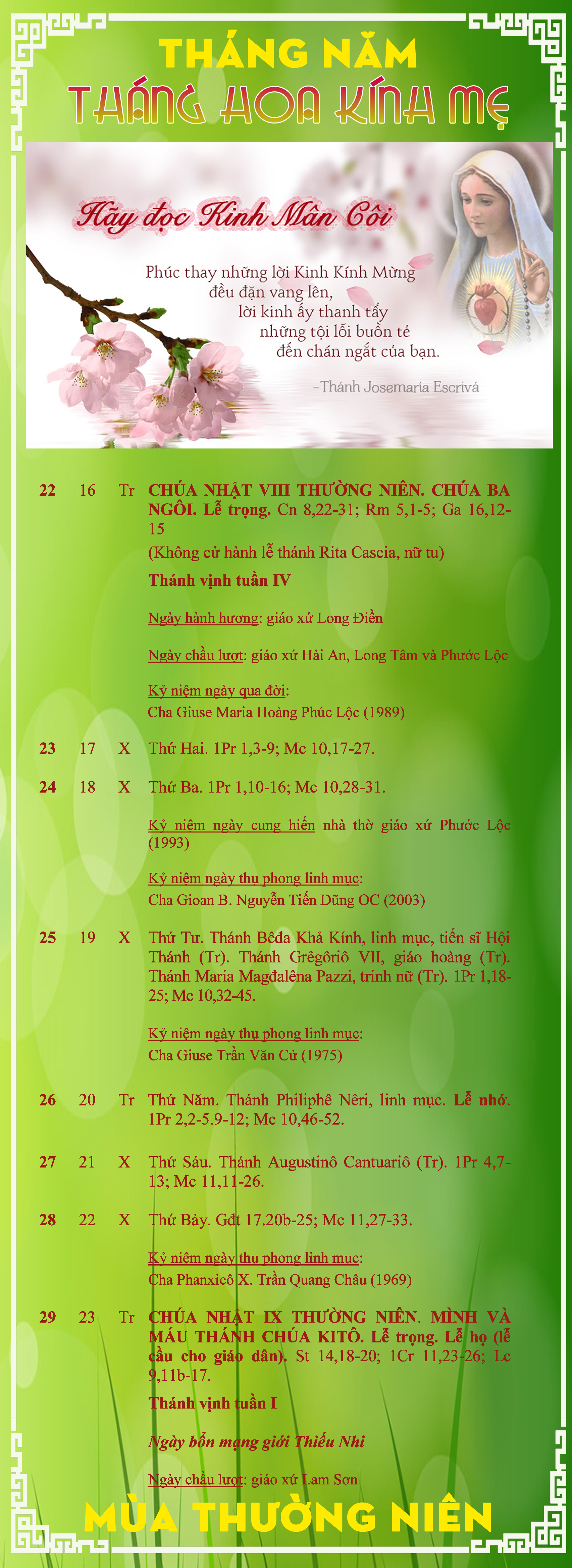 Lịch Phụng Vụ từ ngày 22.5 - 29.5.2016