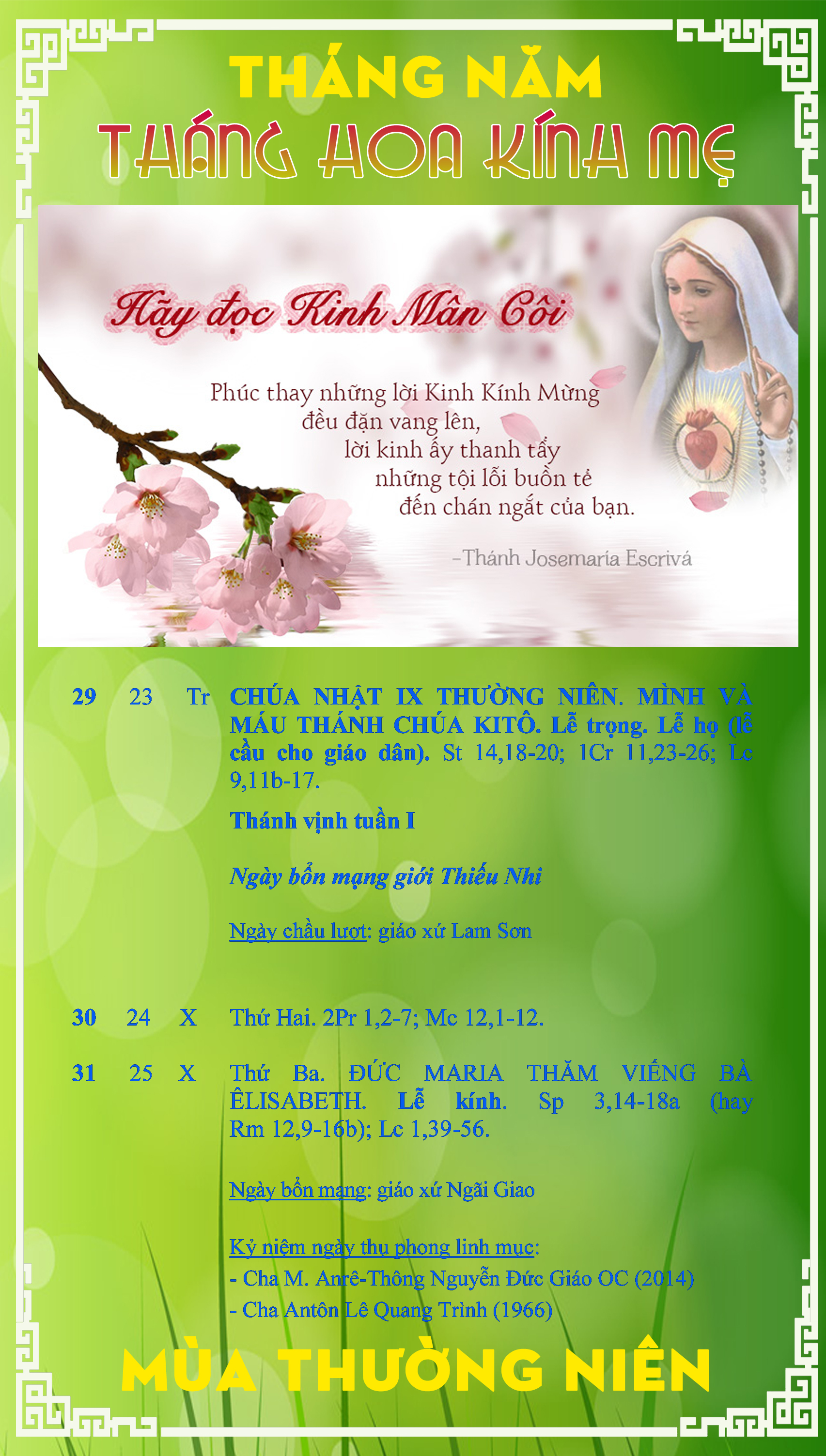 Lịch Phụng Vụ từ ngày 29.5 -31.5.2016
