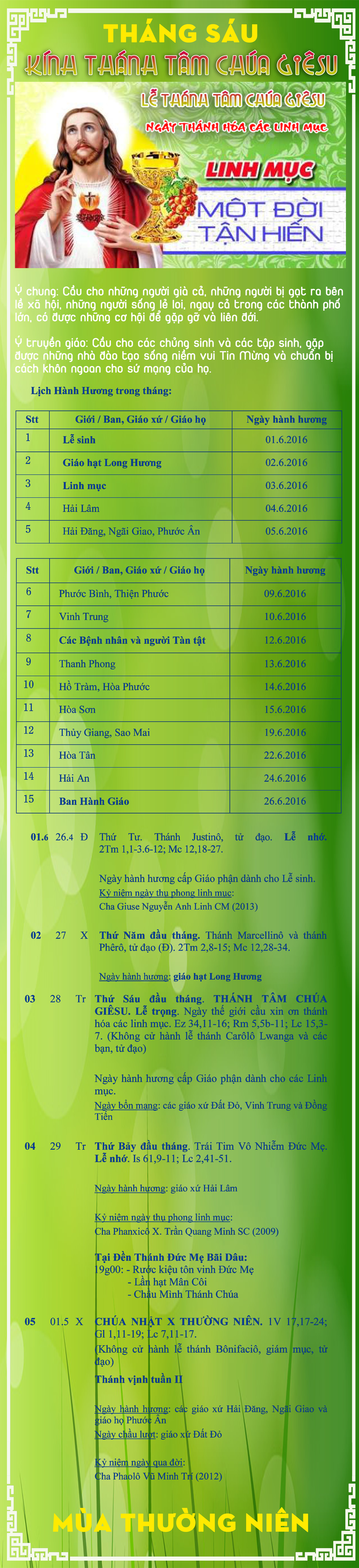 Lịch Phụng Vụ từ ngày 01.6. đến ngày 05.6.2016