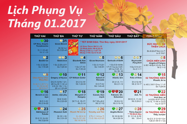 Lịch Phụng Vụ từ ngày 23.01.2017 đến ngày 29.01.2017