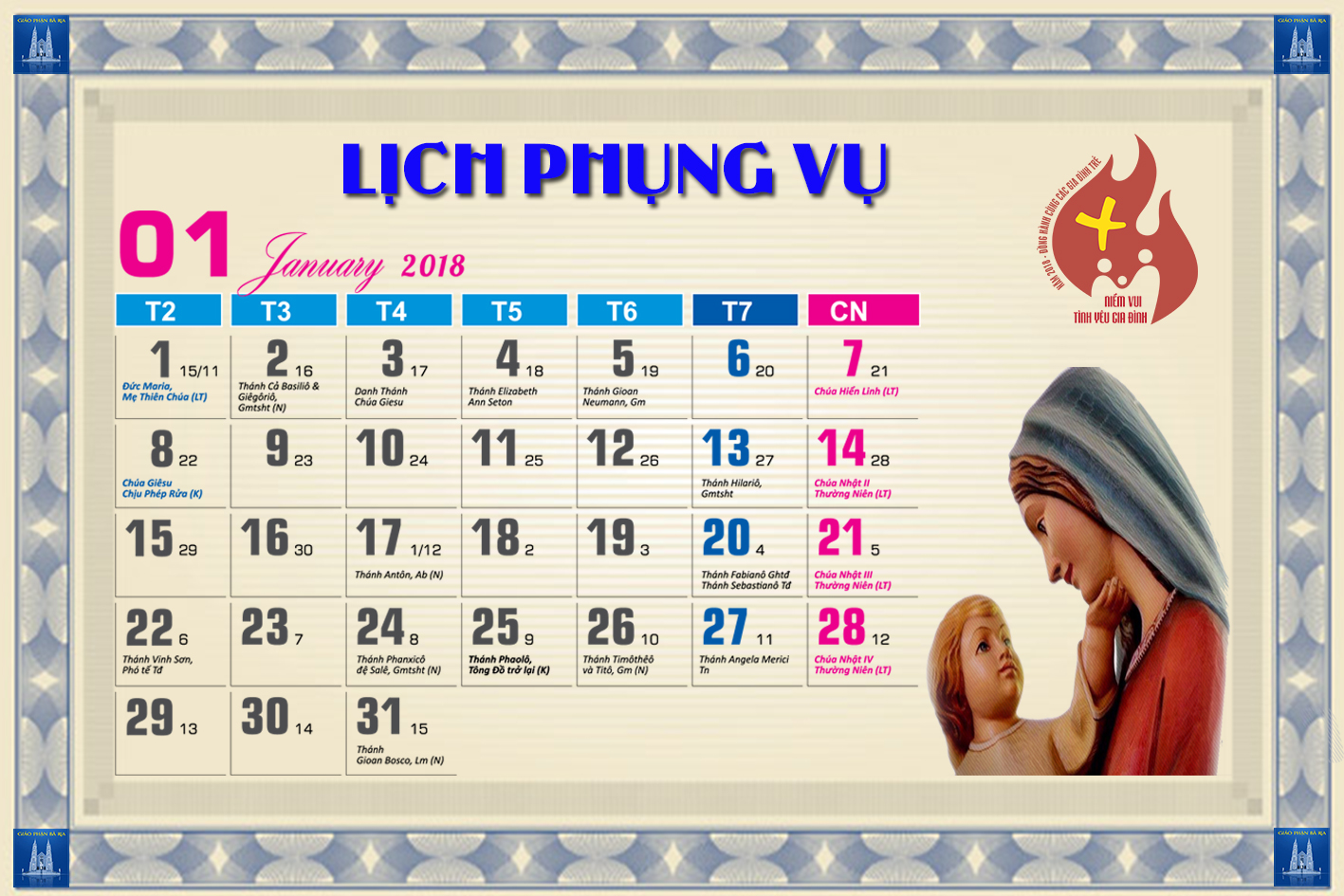 Lịch Phụng vụ từ ngày 31.12.2017 đến 07.01.2017