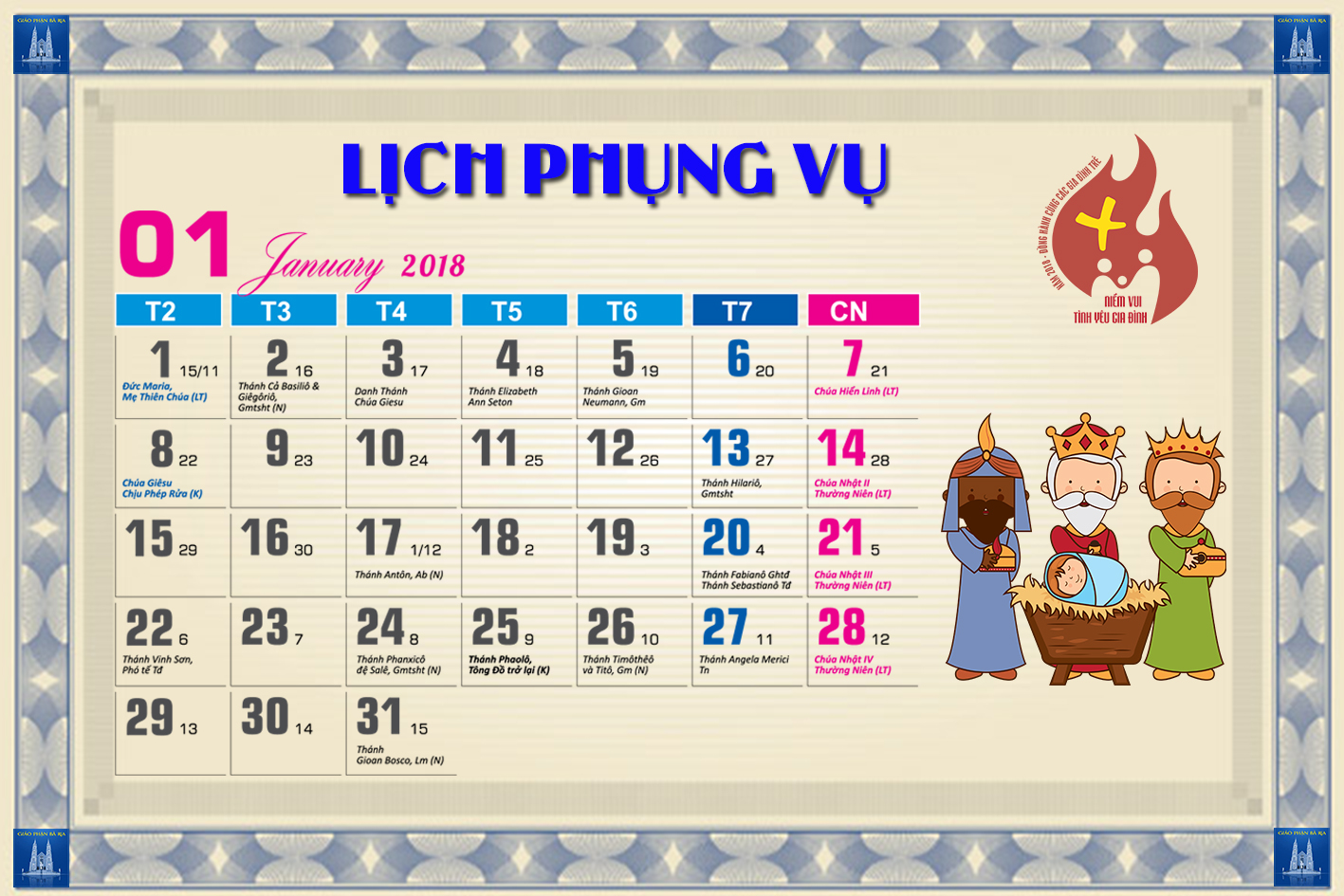 Lịch Phụng vụ từ ngày 07.01.2017 đến 14.01.2017