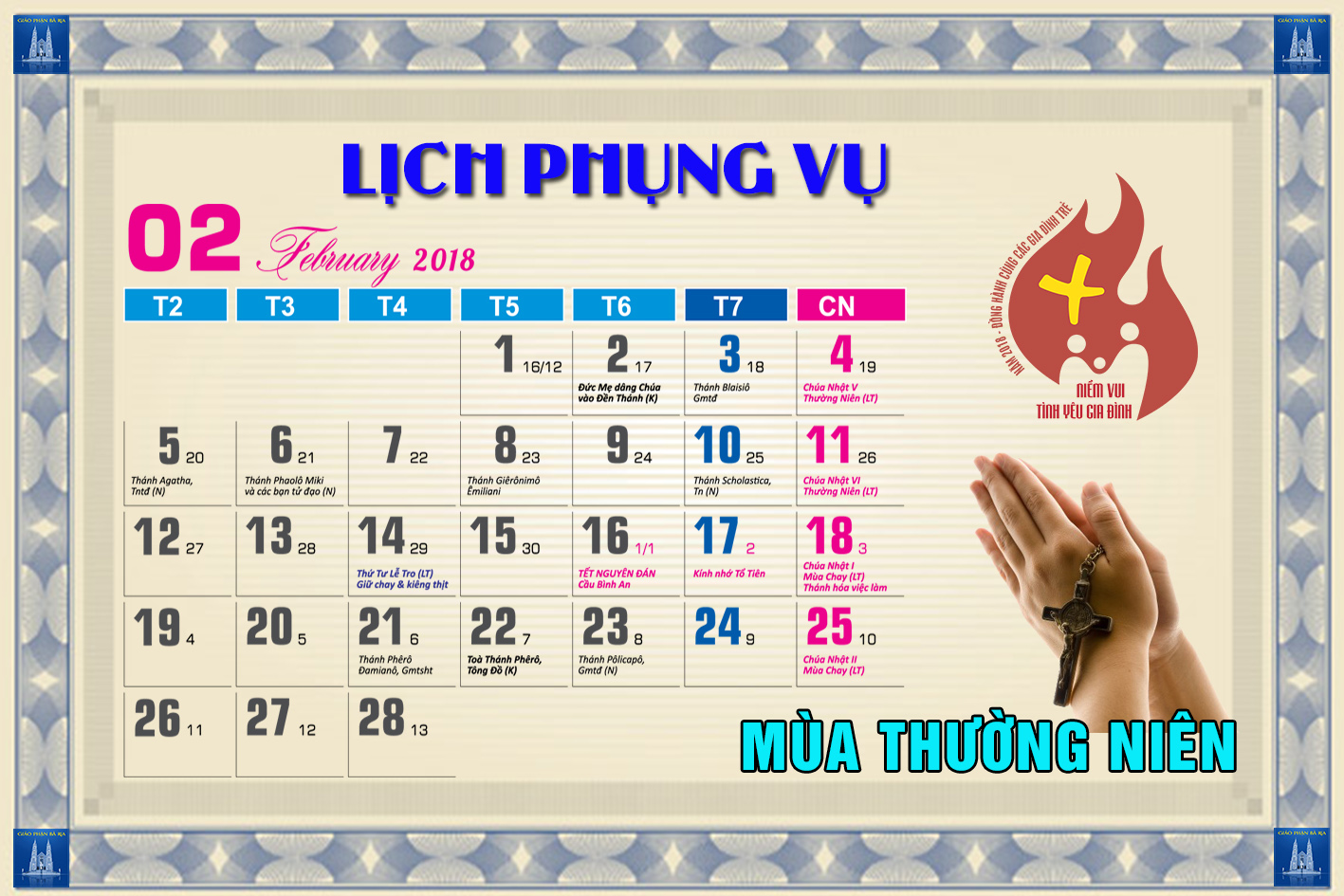 Lịch Phụng vụ từ ngày 11.02.2017 đến 18.02.2017