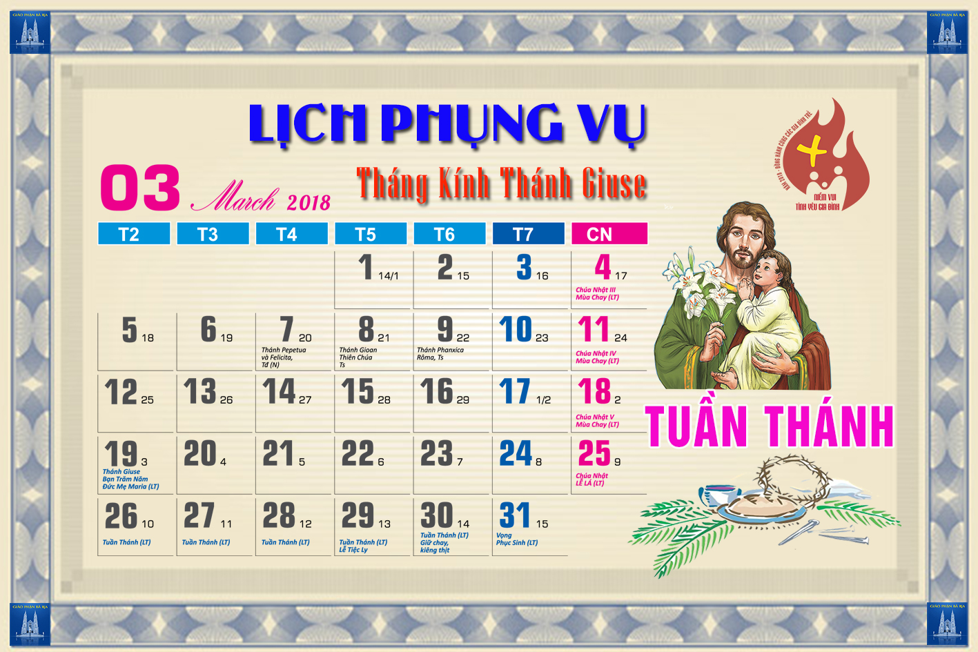 Lịch Phụng vụ từ ngày 25.03.2017 đến 01.04.2018