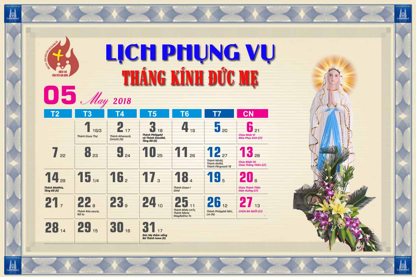 Lịch Phụng vụ từ ngày 27.05.2018 đến 03.06.2018