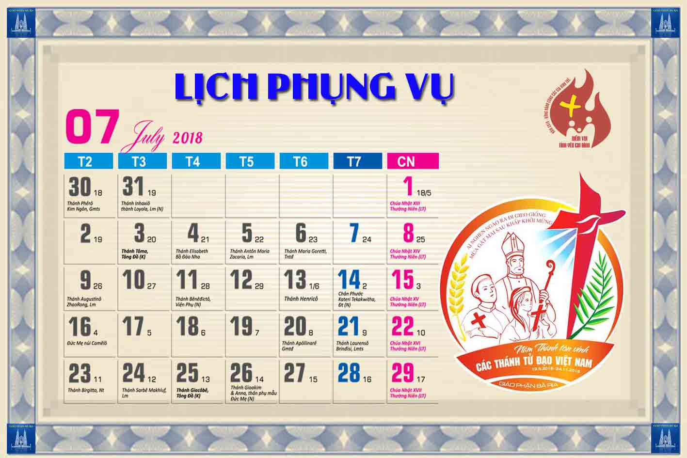 Lịch Phụng vụ từ ngày 22.07.2018 đến 29.07.2018