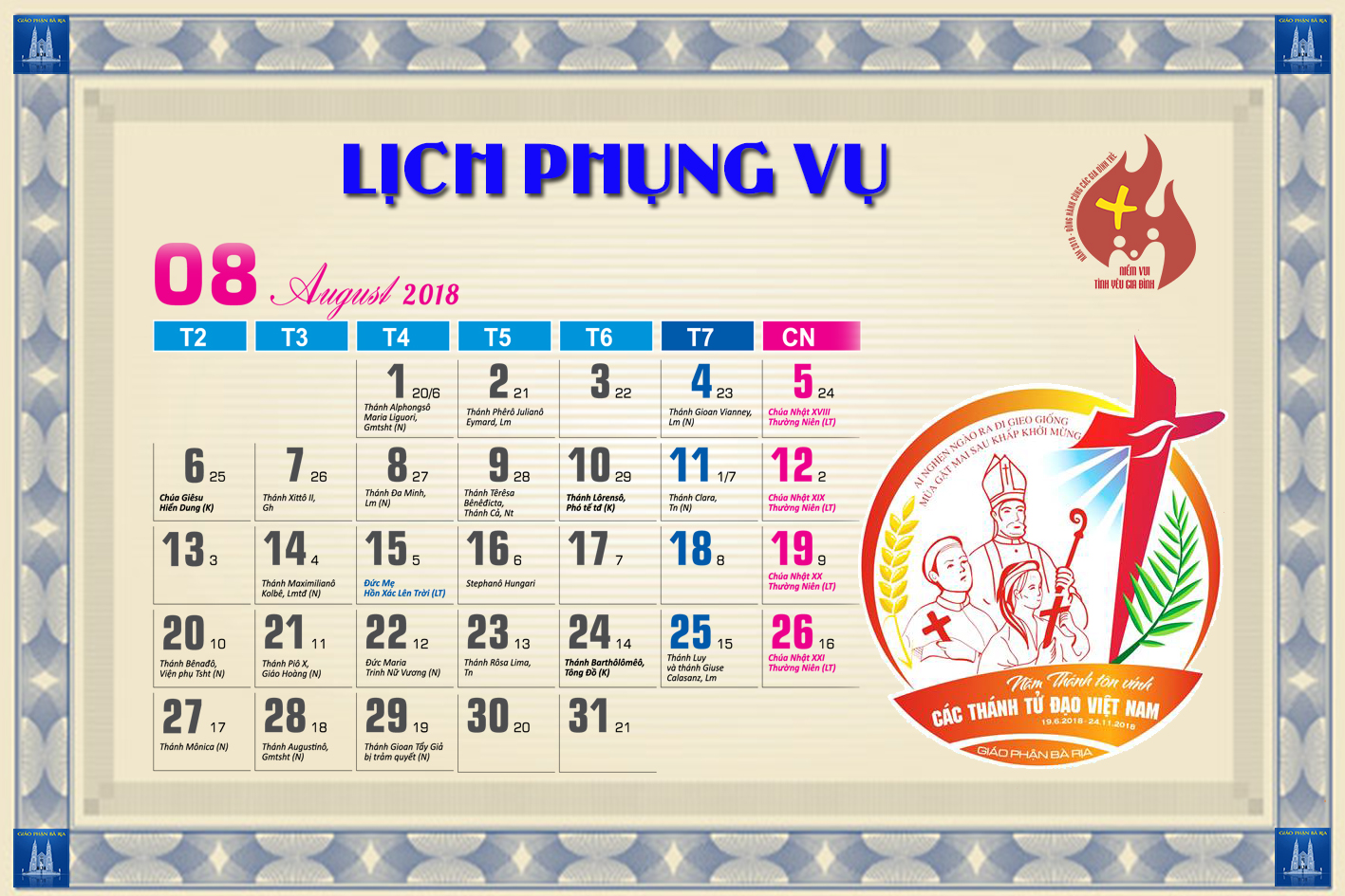 Lịch Phụng vụ từ ngày 26.08.2018 đến 02.09.2018
