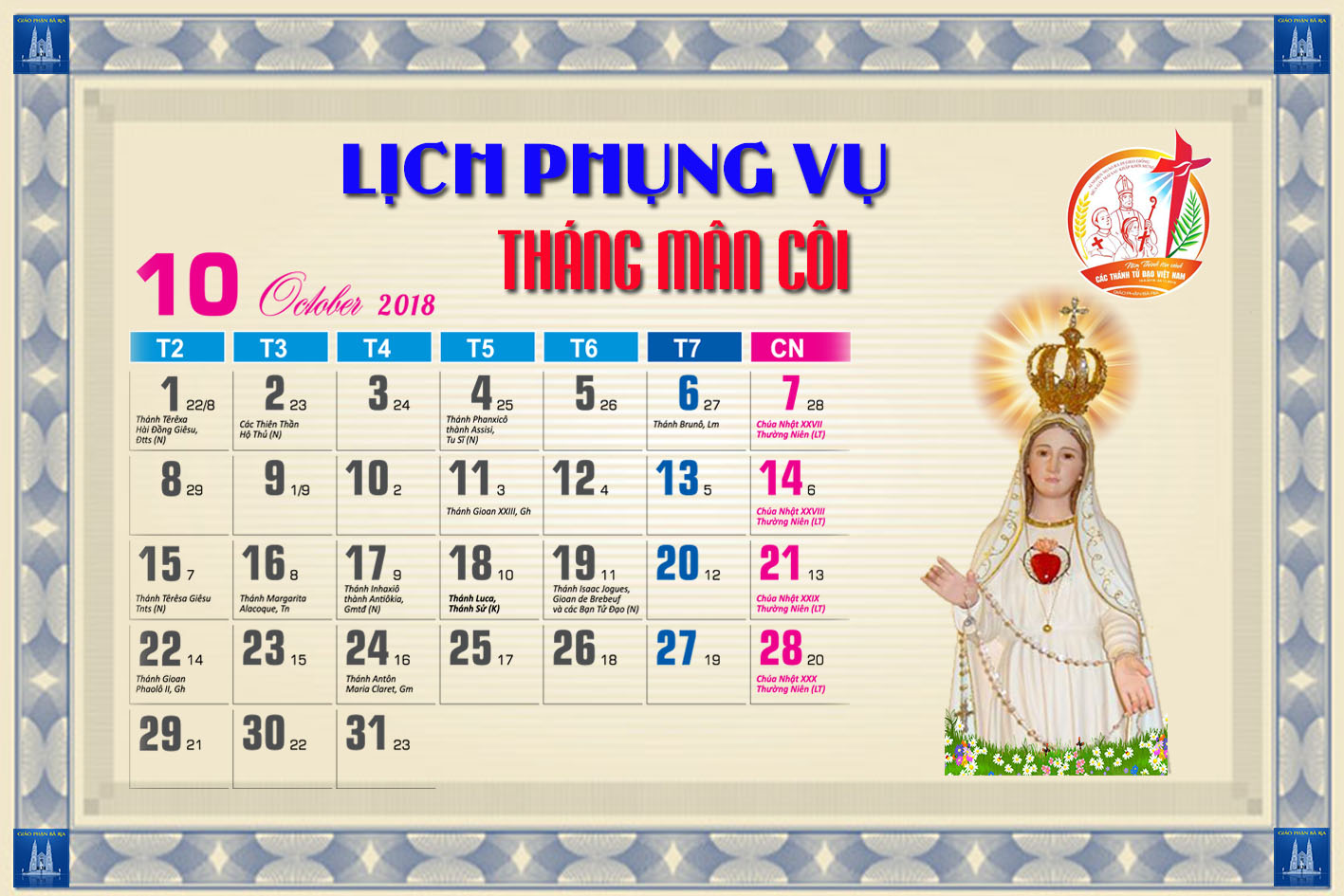 Lịch Phụng vụ từ ngày 21.10.2018 đến 28.10.2018