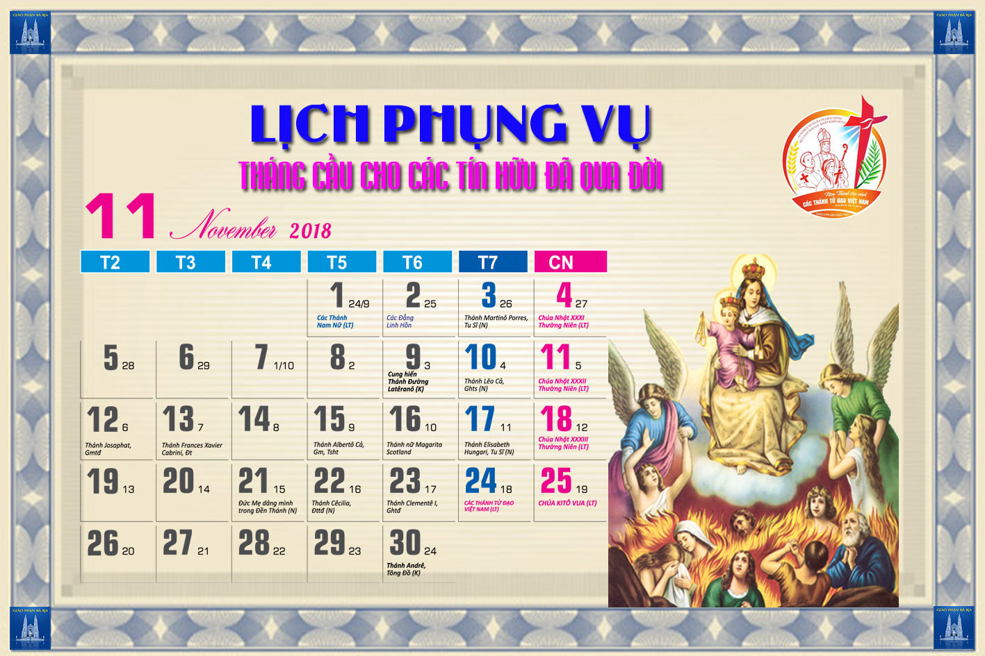 Lịch Phụng vụ từ ngày 11.11.2018 đến 18.11.2018