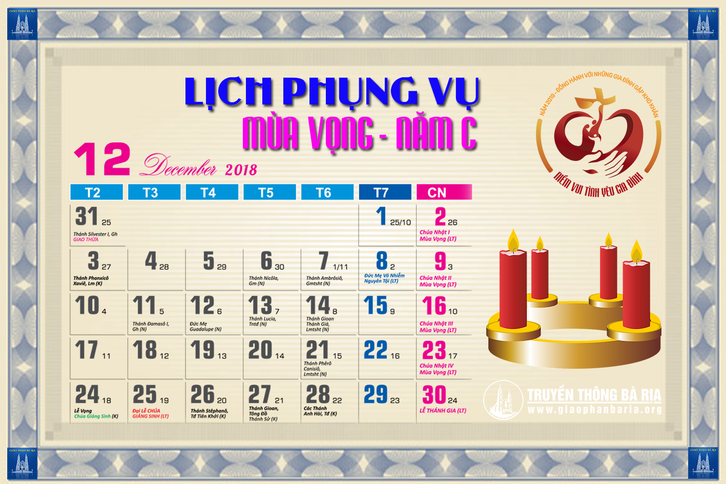 Lịch Phụng vụ từ ngày 16.12.2018 đến 23.12.2018