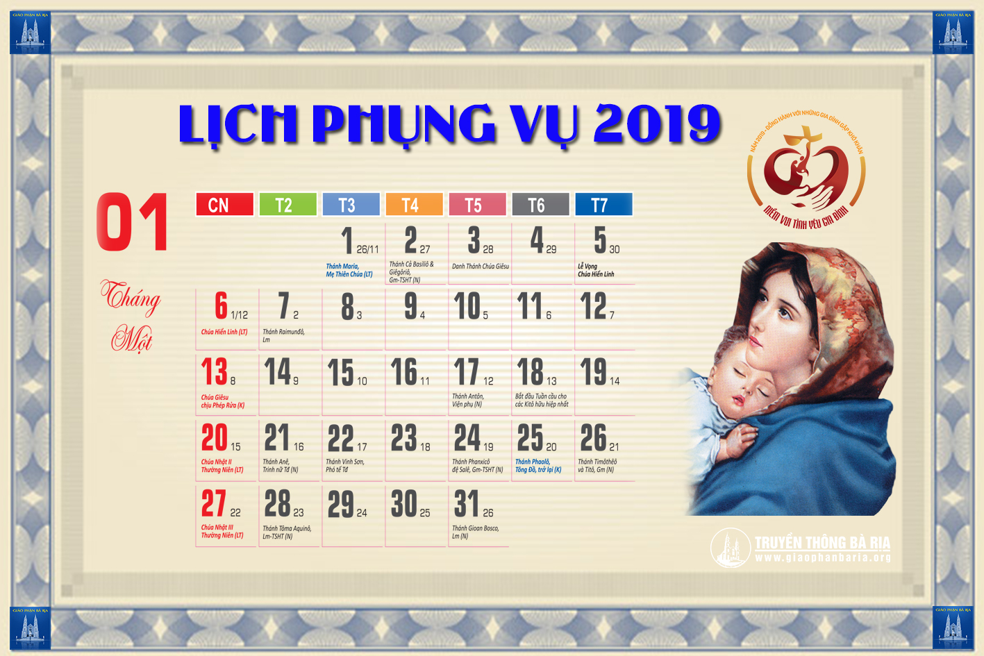 Lịch Phụng vụ từ ngày 30.12.2018 đến 06.01.2019