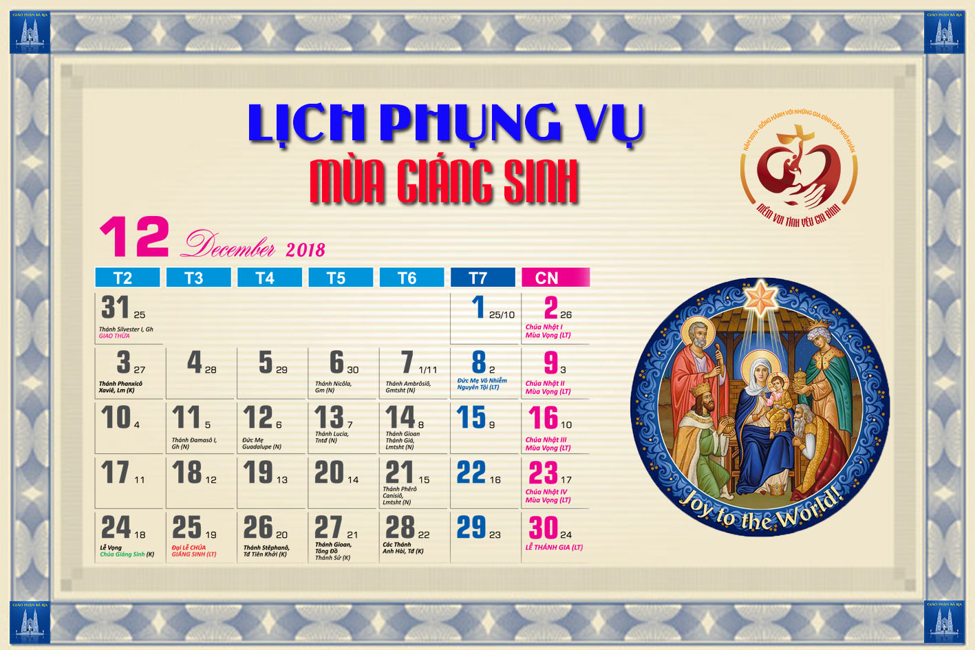 Lịch Phụng vụ từ ngày 23.12.2018 đến 30.12.2018