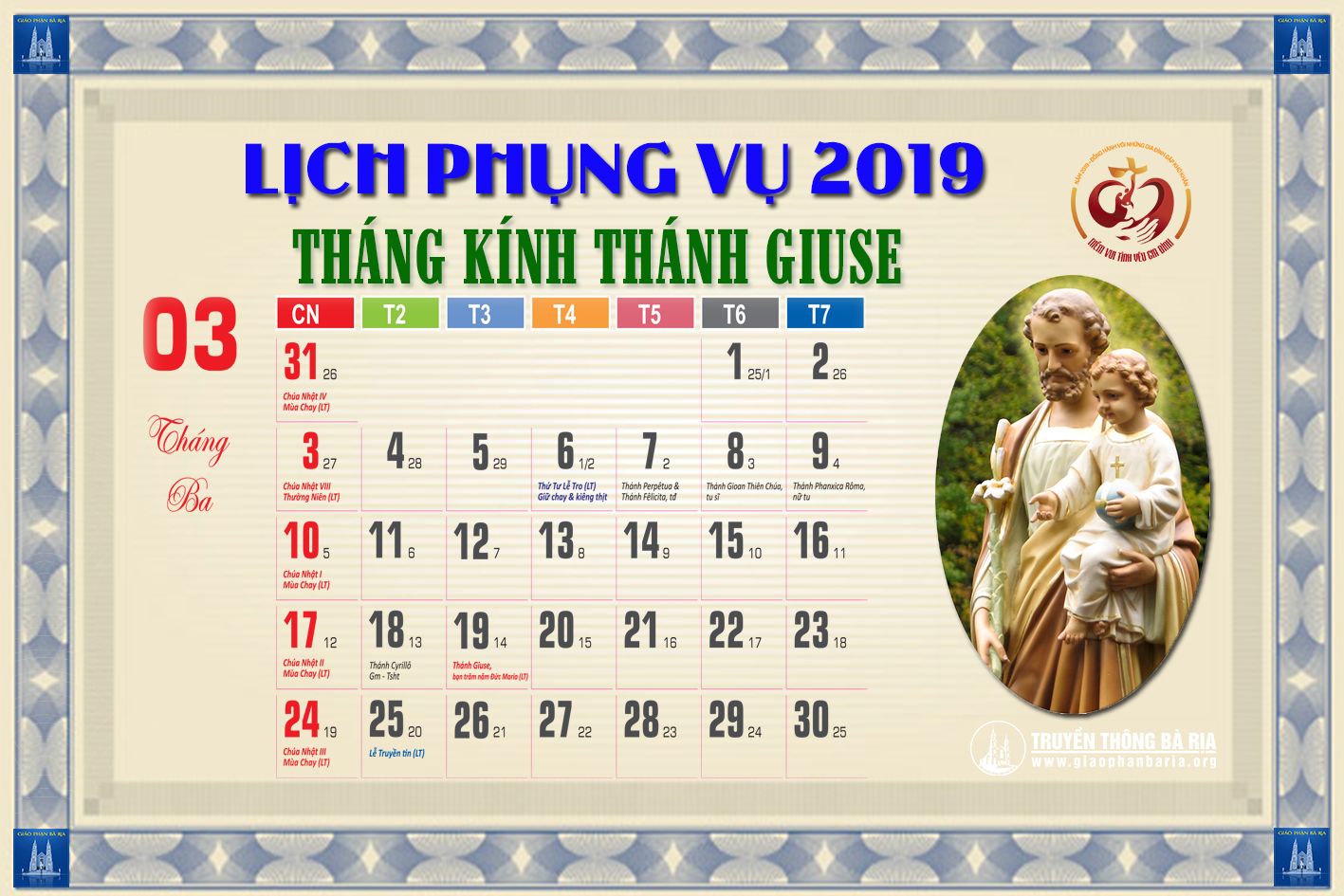Lịch Phụng vụ từ ngày 24.03.2019 đến 31.03.2019