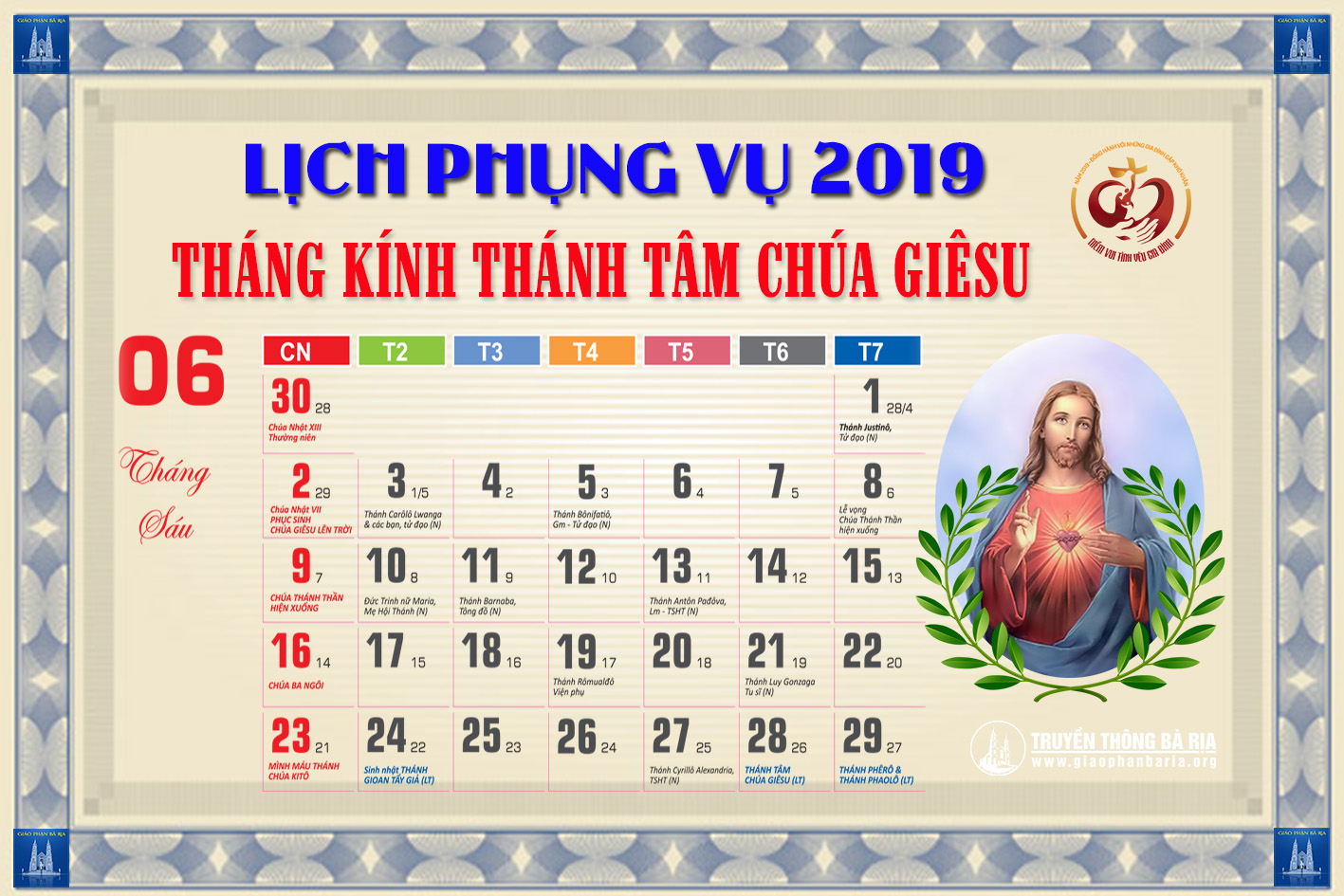 Lịch Phụng vụ từ ngày 23.06.2019 đến 30.06.2019