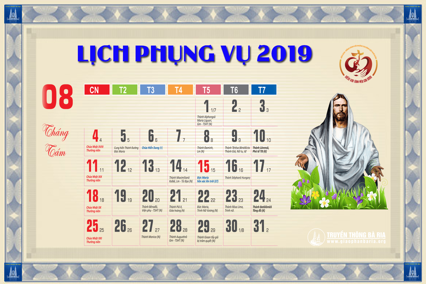Lịch Phụng vụ từ ngày 25.08.2019 đến 01.09.2019