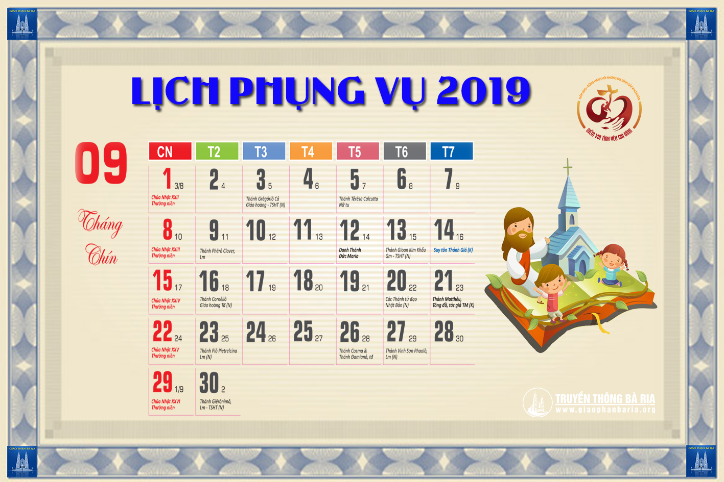 Lịch Phụng vụ từ ngày 01.09.2019 đến 08.09.2019