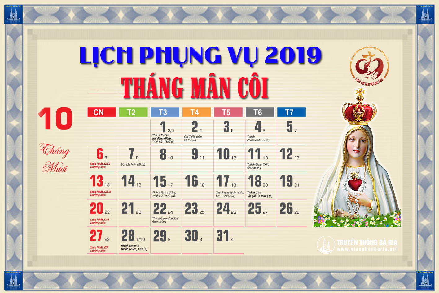 Lịch Phụng vụ từ ngày 20.10.2019 đến 27.10.2019
