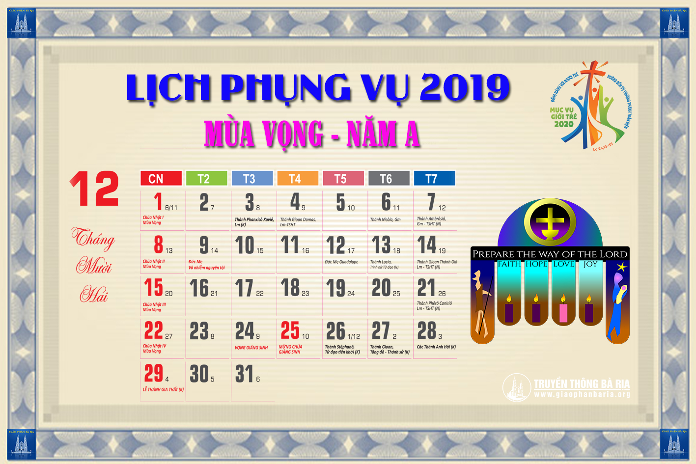 Lịch Phụng vụ từ ngày 22.12.2019 đến 29.12.2019