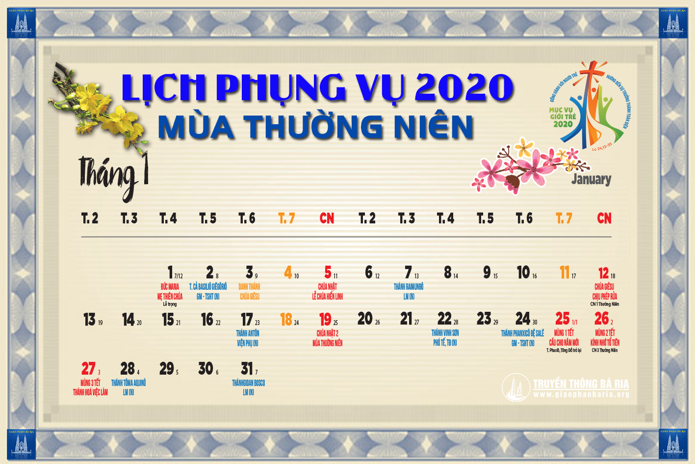 Lịch Phụng vụ từ ngày 26.01.2019 đến 02.02.2020