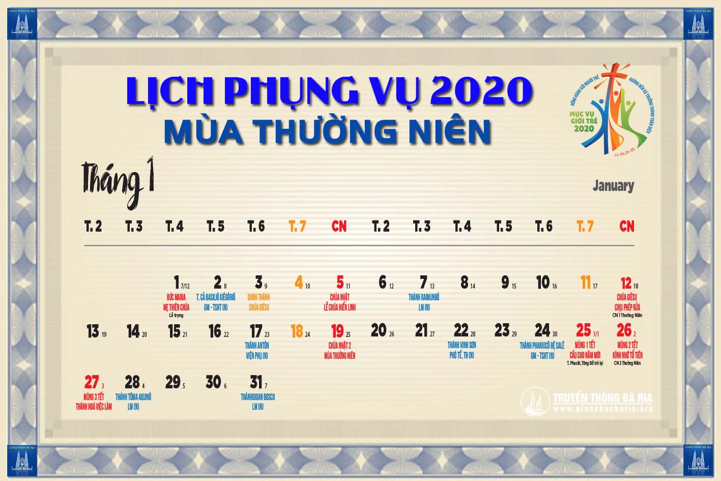 Lịch Phụng vụ từ ngày 19.01.2019 đến 26.01.2020