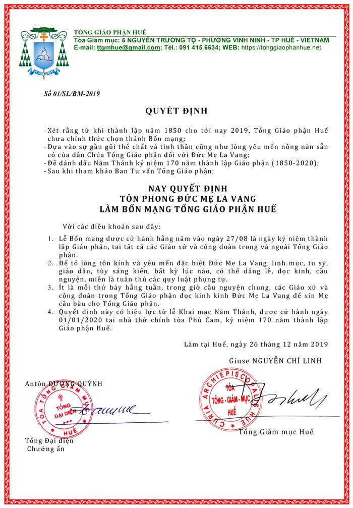 Quyết định về Bổn Mạng của Tổng Giáo phận Huế
