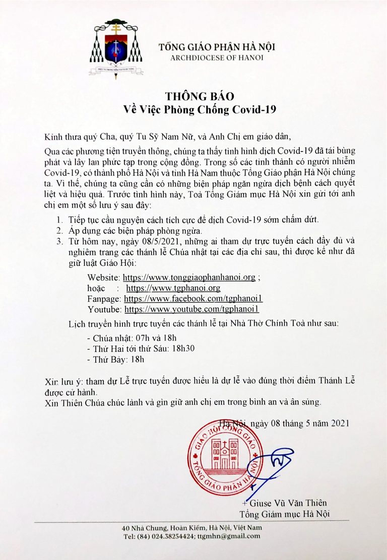 Tổng Giáo phận Hà Nội: Thông báo về việc phòng chống Covid-19