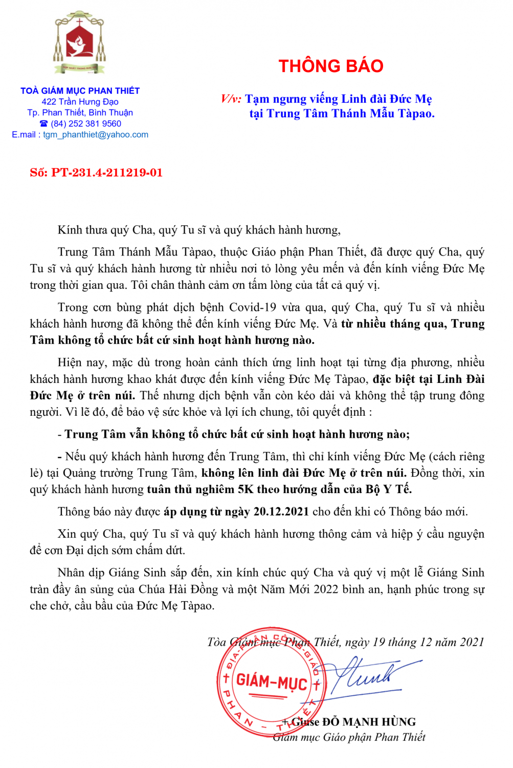 Giáo phận Phan Thiết: Thông Báo việc tạm ngưng viếng linh đài Đức Mẹ Tàpao