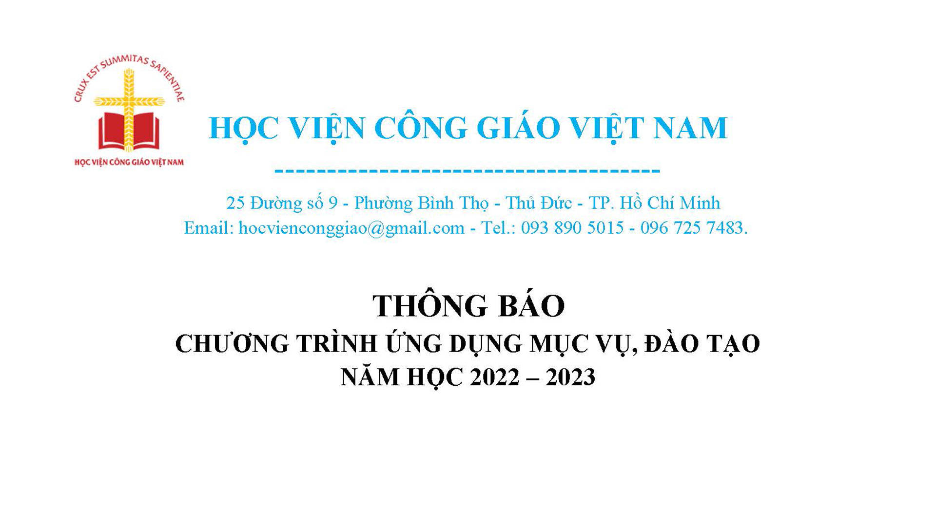 Học viện Công giáo Việt Nam: Thông báo chương trình ứng dụng mục vụ, đào tạo 2022-2023