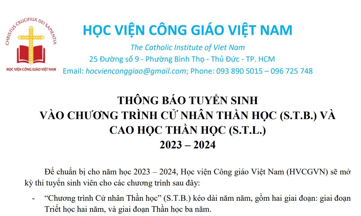 Học viện Công giáo Việt Nam thông báo tuyển sinh cử nhân thần học và cao học thần học 2023 - 2024