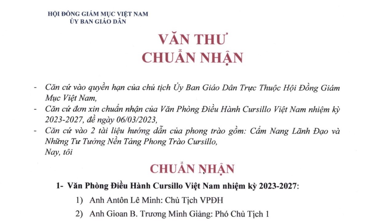 Ủy Ban Giáo Dân: Văn thư chuẩn nhận Văn Phòng Điều Hành Cursillo Việt Nam kỳ 2023-2027